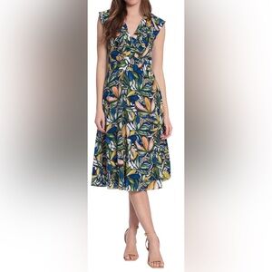 NWOT! London Times Ruffle Neck Printed Crepe Dress, 8